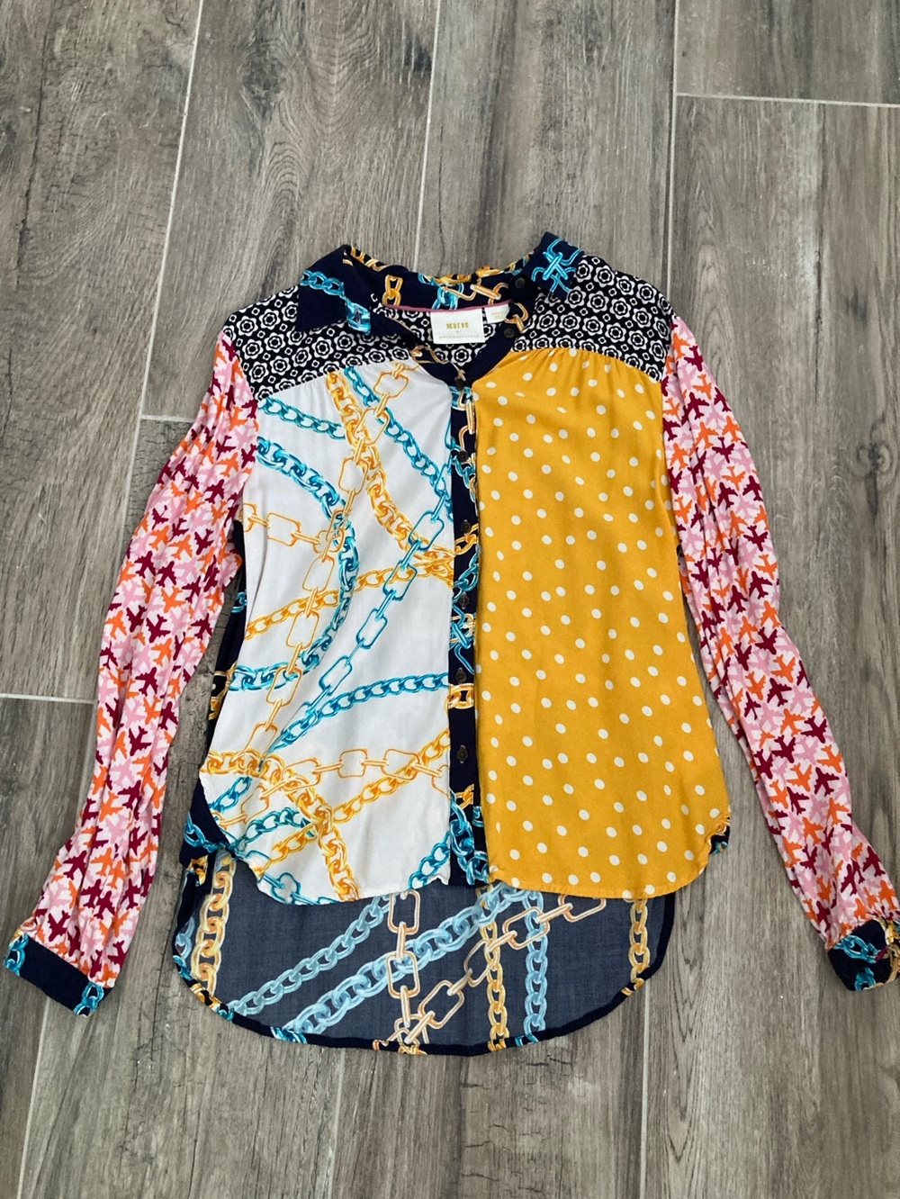 Anthropologie Mixed-Print Button Down Shirt - Yellow, Pink, Blue, Black The Paz